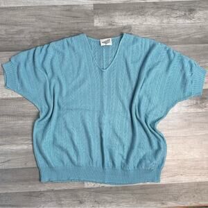 Vintage Blue Open Knit Short Sleeve Dolman Sweater Top Plus Size